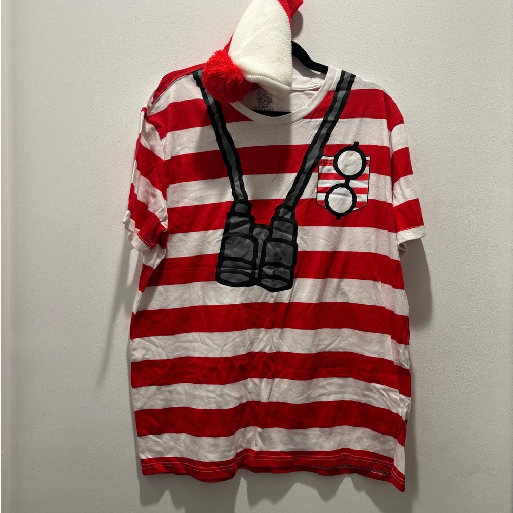 Where’s Waldo Red and White Striped T-Shirt with Binoculars Print and beanie.